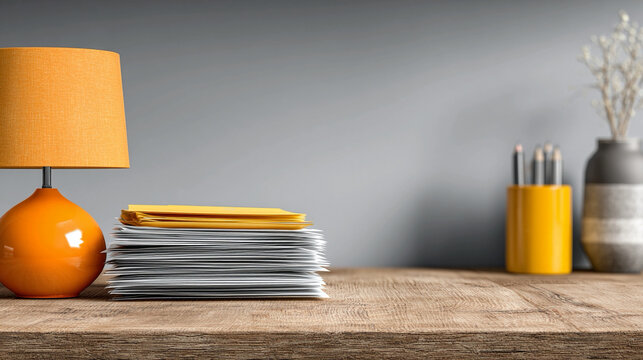 Clean backdrop with office desk and documents, corporate workspace, professional business setup, and minimal design concept