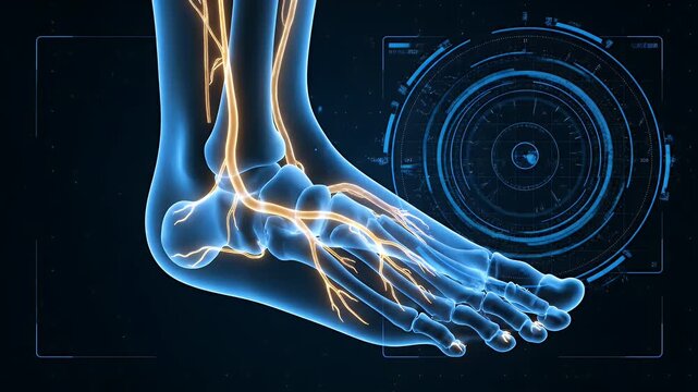 Human foot nerve system showing glowing orange nerves on a digital medical interface.