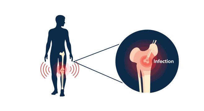 Figure showing knee joint pain with a detailed callout of a bone infection or inflammation within the joint structure for medical diagnosis.