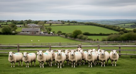 Obraz premium Flock of sheep grazing in green field.