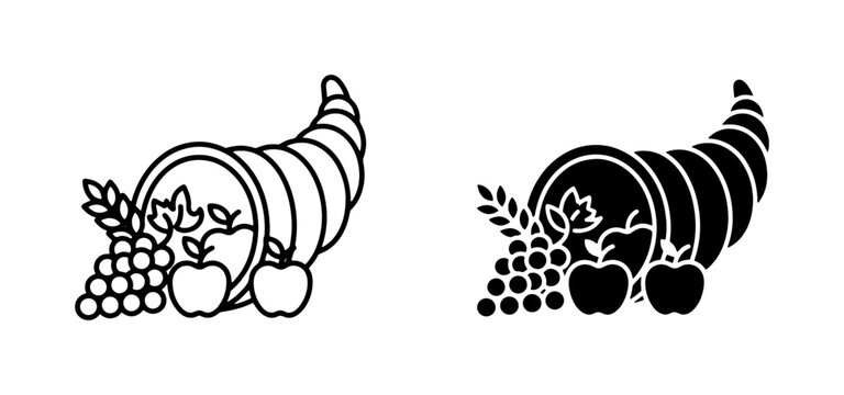 Cornucopia Harvest Icons, Abundance Symbols, Thanksgiving Fruit and Grapes Vector Graphics, Autumn Bounty Illustrations
