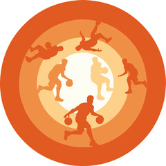 Energetic basketball dribbling motion silhouettes.vibrant orange concentric circle background transitioning from pale to bold tones. Perfect for sports posters, fitness branding, and athletic graphic  © Pratama