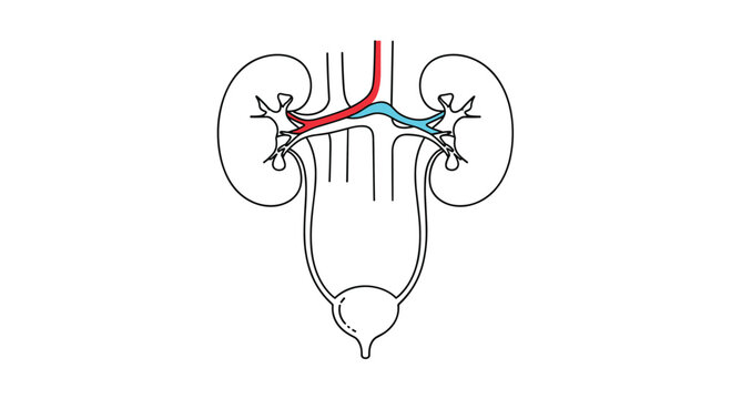 Clean line drawing of the human urinary tract including kidneys and bladder with highlighted arterial and venous systems.