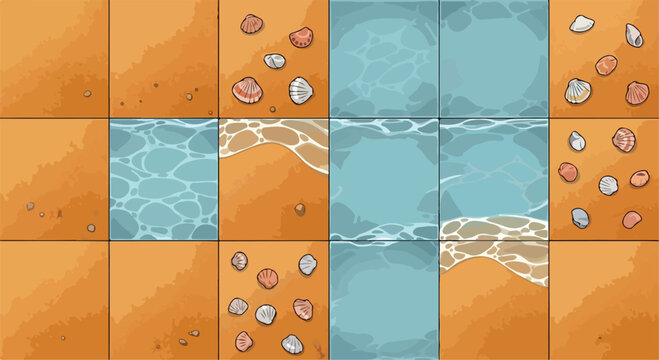 Isometric beach tile set for game design, coastal sand and ocean water textures, modular seaside environment vector elements for level building