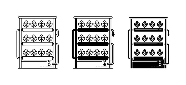 Vertical Hydroponic Systems, Stacked Farming Racks, Indoor Agriculture Icons