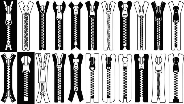 Black and White Zipper Collection with Various Slider and Pull Tab Styles for Fashion and Clothing Design Vector Set