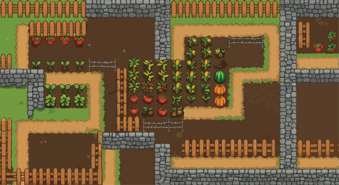 Pixel art farm tileset with vegetable garden beds, retro 8-bit game assets for farming simulator, top-down garden map with stone walls and wooden fences
