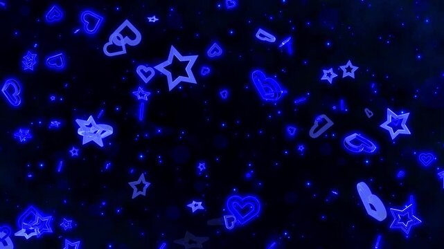 Fantasy loop background with rotating blue neon hearts and stars