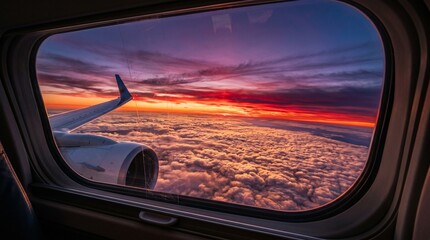 Naklejka premium Vibrant Sunset Over Clouds from Airplane Window Seat