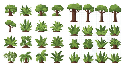 Flat vector nature collection, 24 green plant and tree icons, tropical foliage and forest vegetation set, botanical landscape elements for game design © Allah k hwaly
