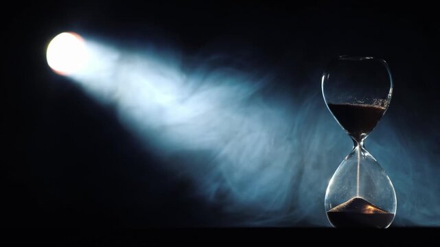 Hourglass counting down time with smoke effect and spotlight background.