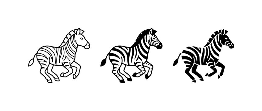 Three Zebra Illustrations, Running Equine Vector Art, Black and White Animal Graphics