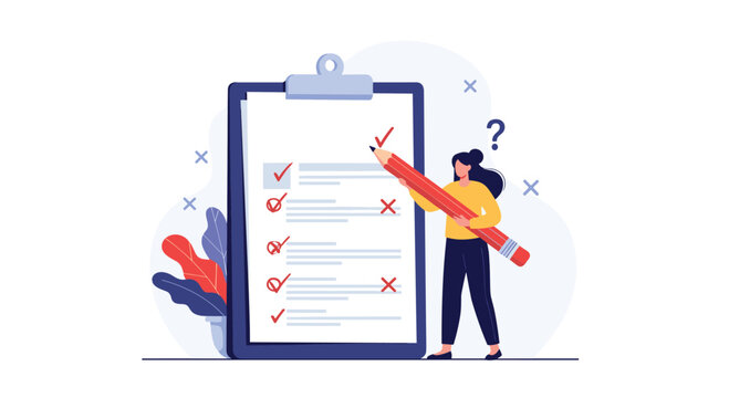 Illustration of a woman using a giant pencil to mark off completed tasks on a large clipboard with checkmarks and crosses.