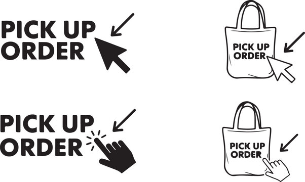Set of pick up order graphic elements with shopping tote bag icons and clicking cursors for online purchase store collection set.