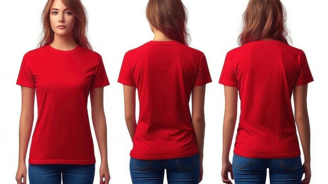 Three-view display of woman wearing a red t-shirt and blue jeans standing in a casual relaxed pose against a plain white background