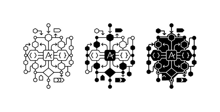 Abstract Algorithm Flowchart Icons, Data Processing Symbols, Network Structure Diagrams