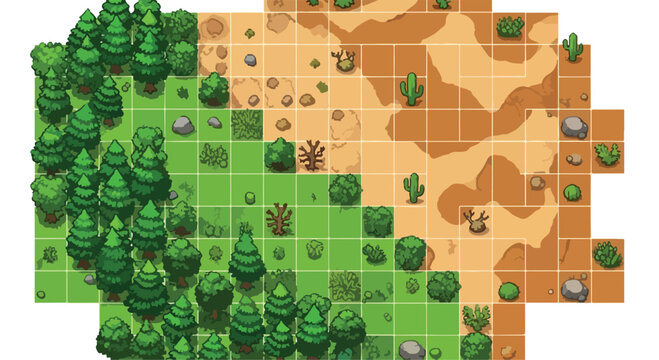 Pixel art game map tiles, retro 2D world map with forest and desert biomes, isometric grid landscape for RPG video game development