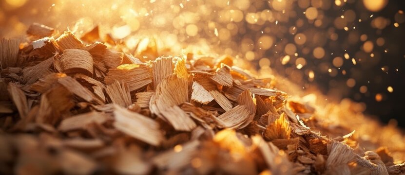 close-up of a pile of wood chips and shavings with glowing dust motes and warm golden backlight, evoking cozy rustic serenity