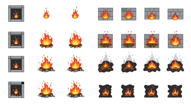 Pixel art fire animation frames, 24 game assets of burning campfires and fireplaces, retro 8-bit flame sprites for video game development