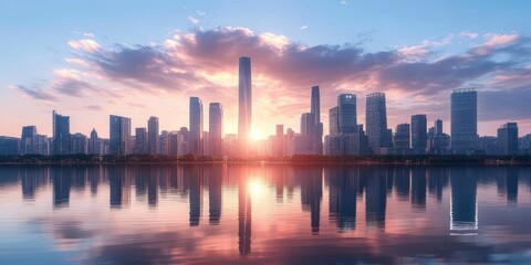 Fototapeta premium Sunrise over modern city skyline with glass skyscrapers reflected in calm water, pastel clouds and warm glow conveying a serene, tranquil morning atmosphere