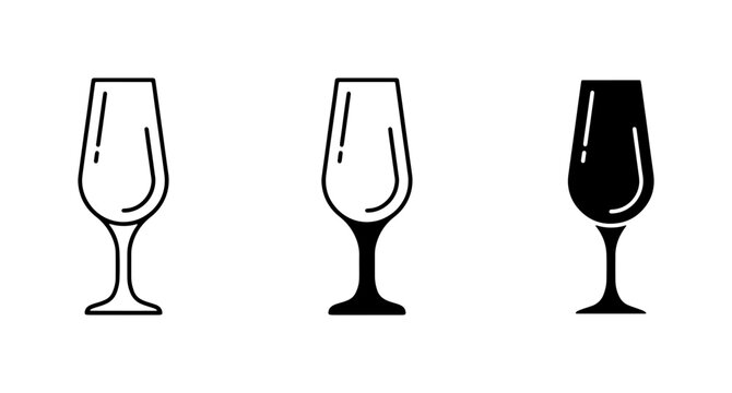 Elegant Wine Glass Icons, Champagne Flute Outline, Black Silhouette, Vector Set