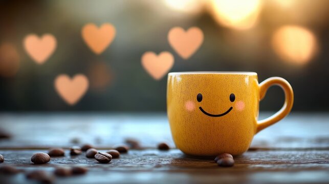 smiling yellow ceramic mug with rosy cheeks on wooden table surrounded by coffee beans and warm heart-shaped bokeh lights, cozy cheerful mood