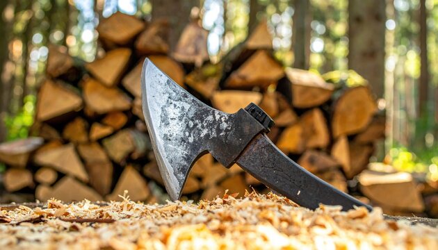 Handcrafted forged steel broadaxe blade with a sharp curved edge rests in wood shavings against a blurred pile of split firewood, showcasing traditional craftsmanship and forestry work.