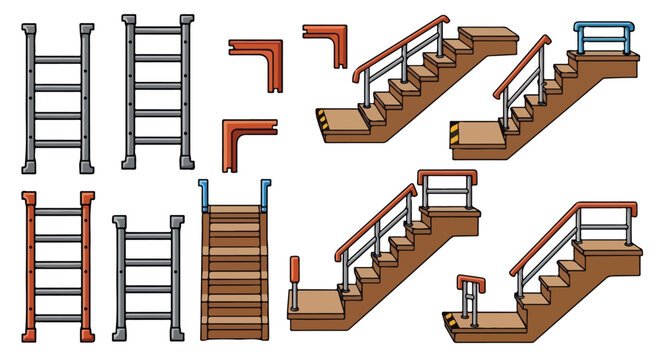 Isometric industrial stairs and metal ladder set, 2D game environment construction kit, pixel art style architectural elements for level design