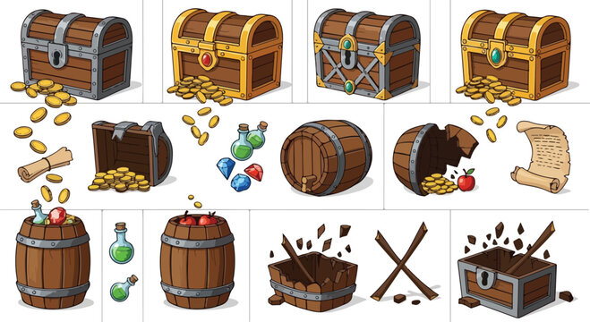 Fantasy RPG game assets collection, medieval treasure chests and wooden barrels with gold coins, magic potions and loot icons vector set