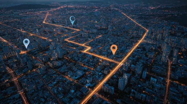 Aerial view of city skyline at dusk with glowing street grid and map marker icons over urban district, dark blue horizon, orange light paths, digital navigation concept