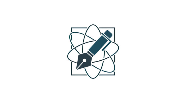 Stylized pen within atomic orbits and square frame, deep teal accent