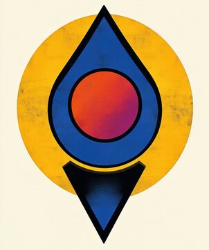 Bold abstract geometric marker on off-white background &mdash; blue teardrop with central red-orange circle, black outlines and inverted blue triangle point over textured yellow disc, vibrant retro feel