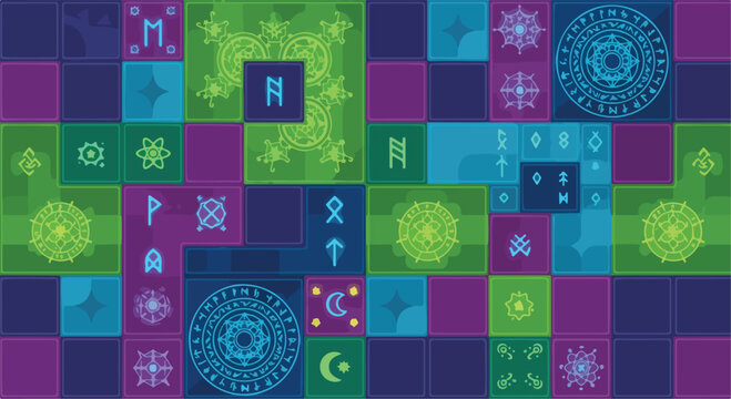 Mystical Nordic rune pattern, geometric mosaic background with ancient symbols and mandalas, blue and green celestial tile vector illustration