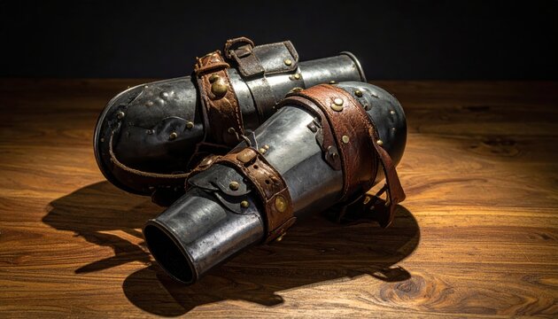 Pair of antique handcrafted steel elbow couters featuring brown leather straps and brass rivets resting on a textured wooden surface, captured in a dramatic cinematic 16 to 9 widescreen format.