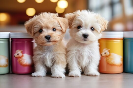 two small fluffy puppies sitting side by side in front of colorful tins with animal illustrations, warm bokeh lights and a cozy curious expression
