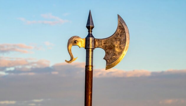A forged steel halberd head featuring a crescent axe blade and rear hook mounted on an ash wood pole. This medieval polearm is displayed against a golden hour sunset sky in a wide cinematic view.