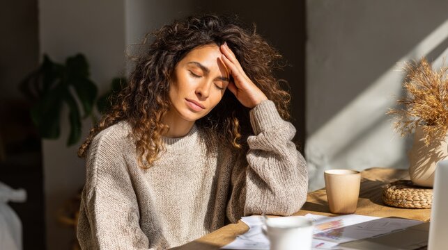 Mindful woman resting at home office desk, feeling stress relief and burnout prevention in warm natural light, with papers, laptop, and coffee cup