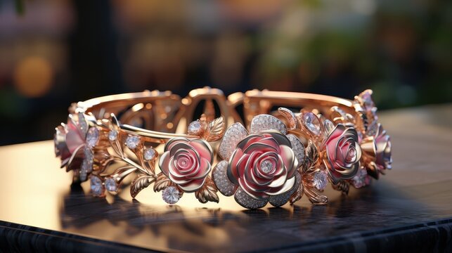A beautiful rose gold bracelet with pink roses and diamonds on a table