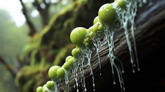 A close-up view of green moss and lichen growing on a tree branch in a forest