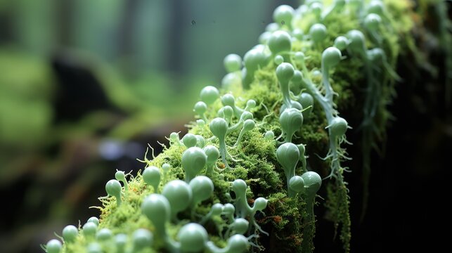 A close-up view of green moss growing on a forest log