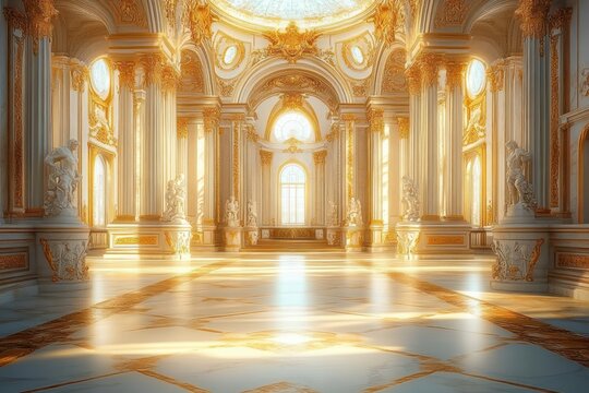 grand gilded palace hall with polished marble floor, ornate columns, sculpted statues, arched windows and domed skylight flooded with warm golden sunlight, evoking awe and serenity
