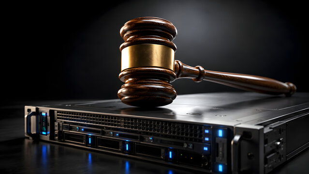 A gavel rests on a server, symbolizing law and order in the digital realm
