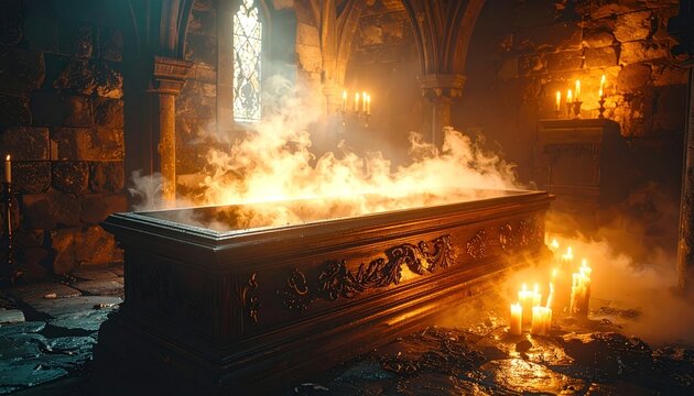 Ornate coffin steaming in a gothic crypt with candlelight