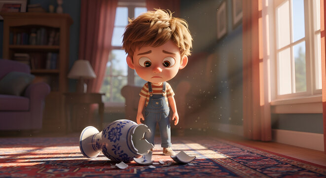 Little boy feeling guilty saying im sorry for broken vase