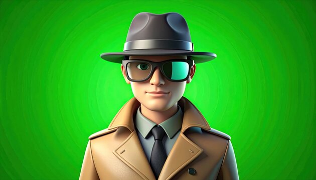 Cartoon detective in fedora and trench coat against green background