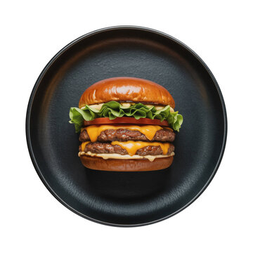 Gourmet Double Cheeseburger on Matte Black Plate Top View Asset