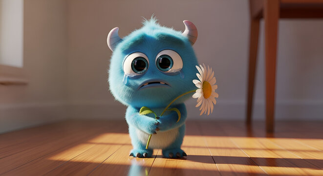 Sad Little Blue Monster Holding a Daisy and Saying Im Sorry