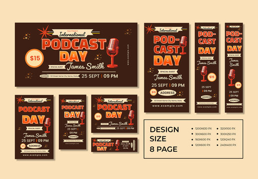 Vintage Retro International Podcast Day Web Banner Template Bundle for Audio Events and Streaming