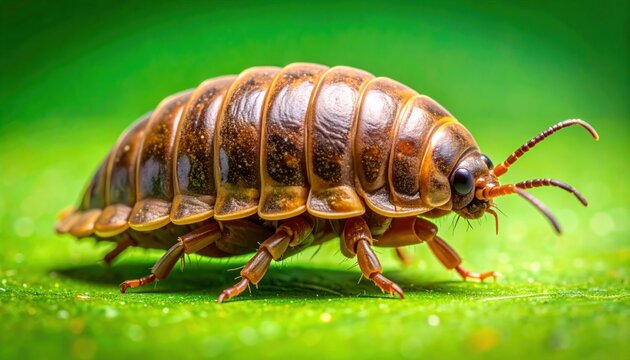 Macro shot of a brown woodlouse on green leaf