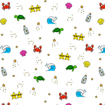 Seamless pattern with hand drawn summer beach elements including crab, turtle, starfish, shell, ocean wave, bottle with message and decorative dots. Colorful doodle style marine design transpartant BG